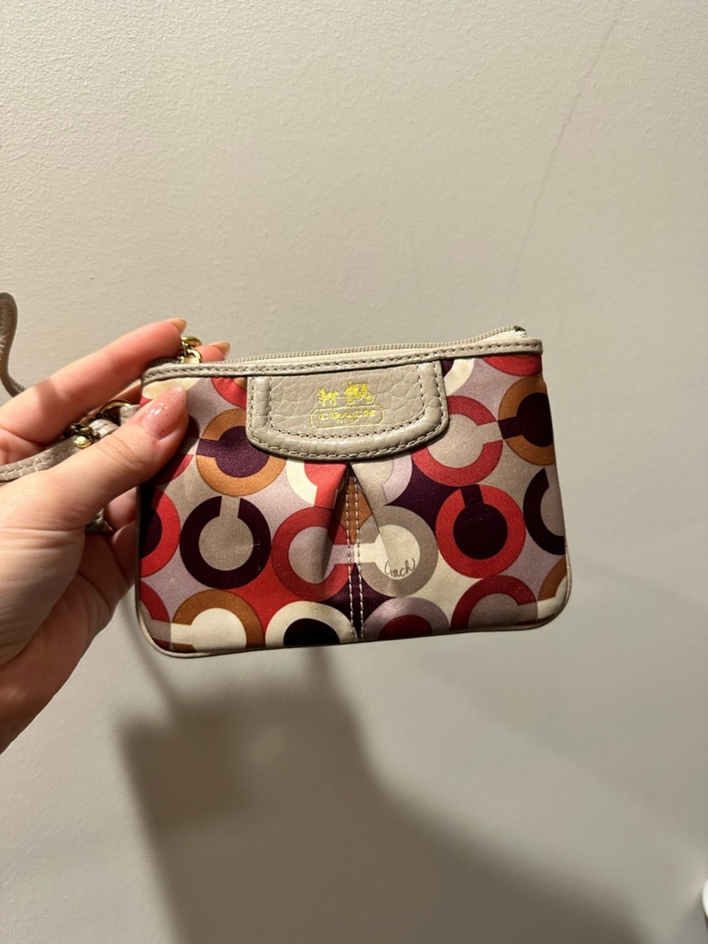 Coach Multicolor Circle Print Zip Wristlet in Taupe Trim